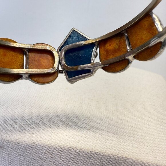 Handmade Vintage Hinged Bangle Bracelet Silver-Tone Boho Tan Blue Floral - Picture 7 of 10